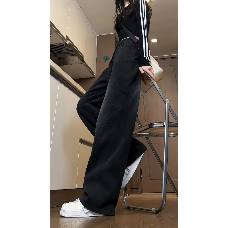 半空山 水洗做旧纯色多口袋宽松阔腿工装美式复古高街百搭直筒抽绳拖地休闲裤 男女同款