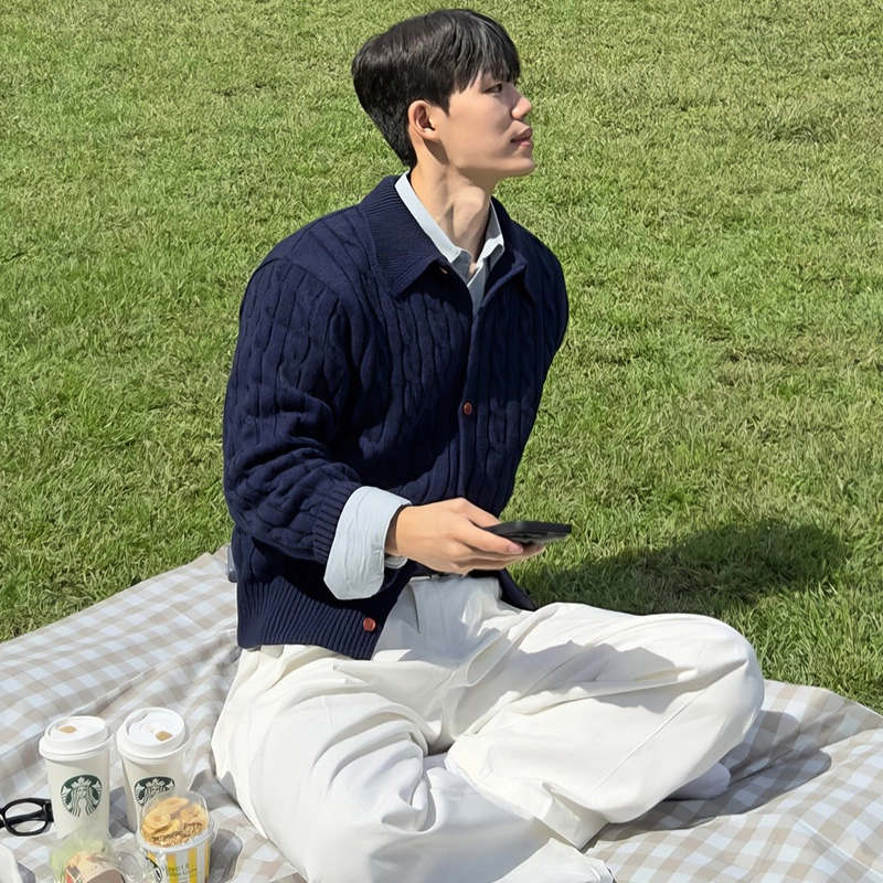 半空山 韩系慵懒风粗麻花高级感开衫外套软糯舒适亲肤透气翻领针织衫 男女同款