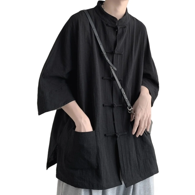 半空山 新中式复古中国风汉服无性别主义盘扣国潮清凉舒适仙风道骨短袖衬衫 男女同款