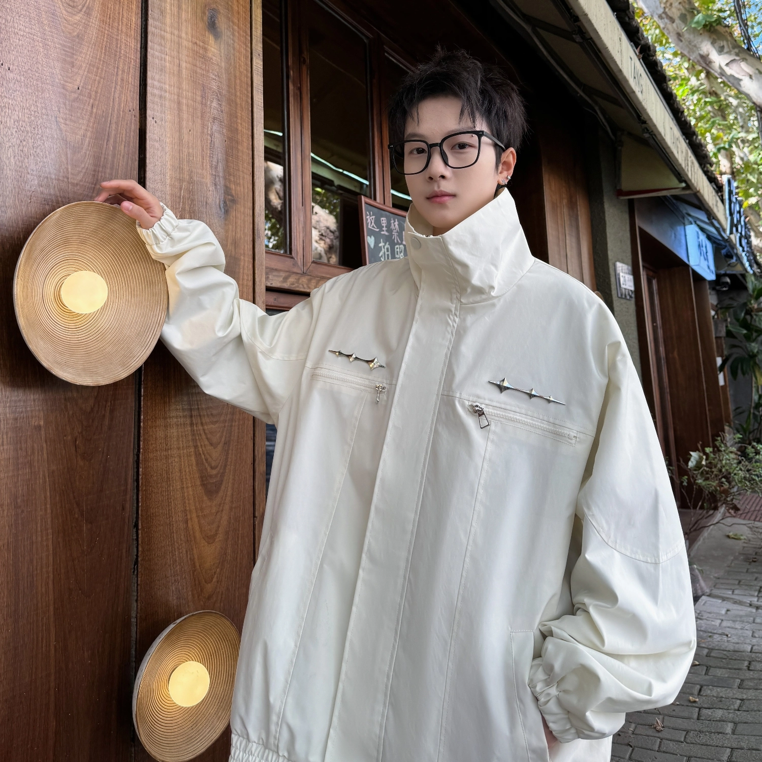 半空山 美式高街纯色简约铆钉设计高级感拼接宽松百搭休闲翻领个性高领夹克外套 男女同款