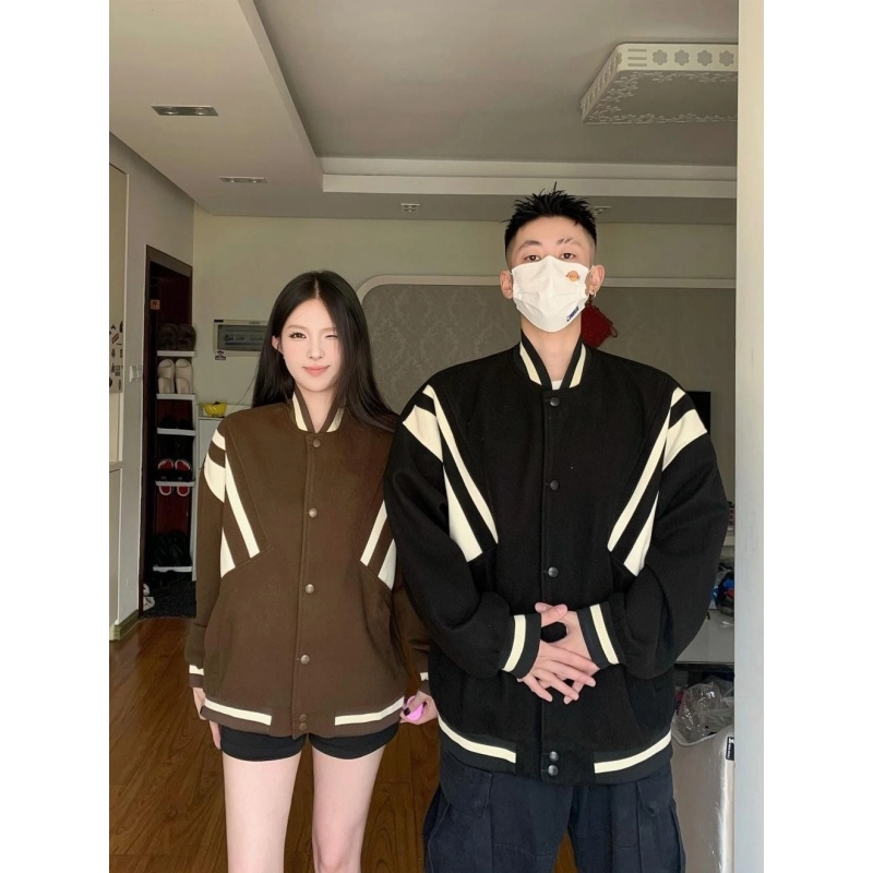 半空山  美式复古高街解构拼接撞色毛呢面料个性小众设计感潮流时尚百搭宽松舒适日常通勤无性别情侣棒球服 男女同款