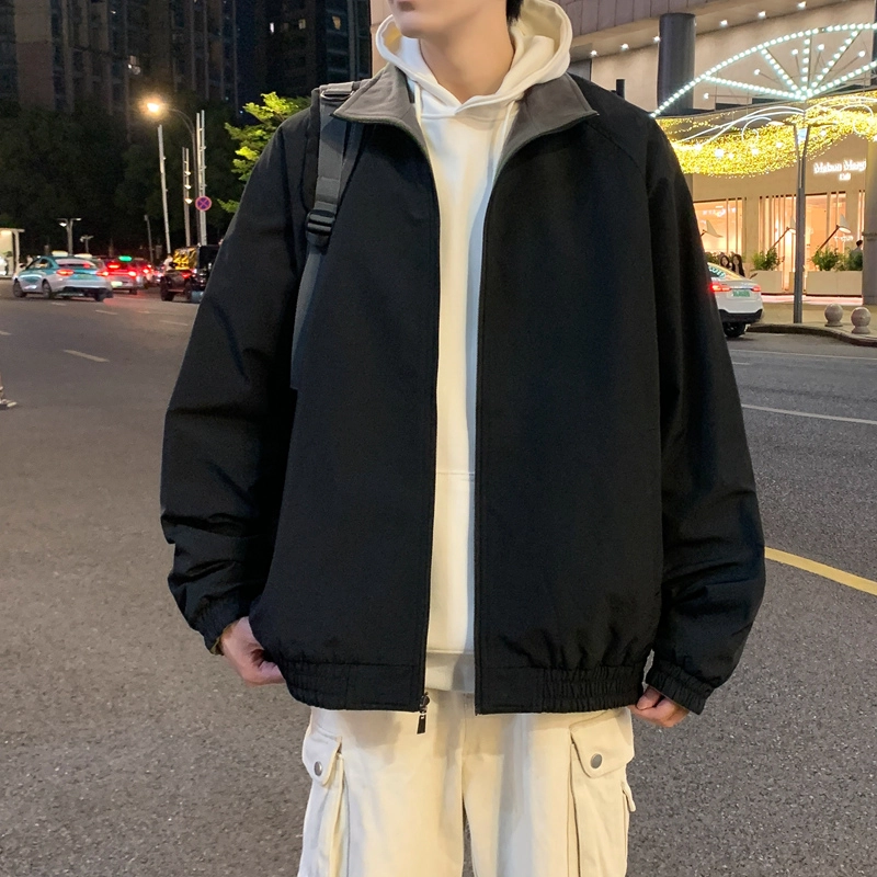 半空山 半空山美式复古高街撞色口袋双面穿小米格防泼水摇粒绒潮流立领夹克 男女同款
