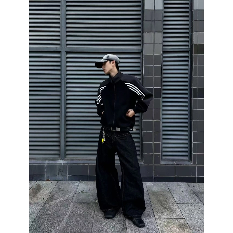 半空山  美式复古高街重磅华棉撞色拼接三条杠条纹织带学院风个性小众设计感潮流时尚百搭宽松舒适立领开衫卫衣棒球服 男女同款