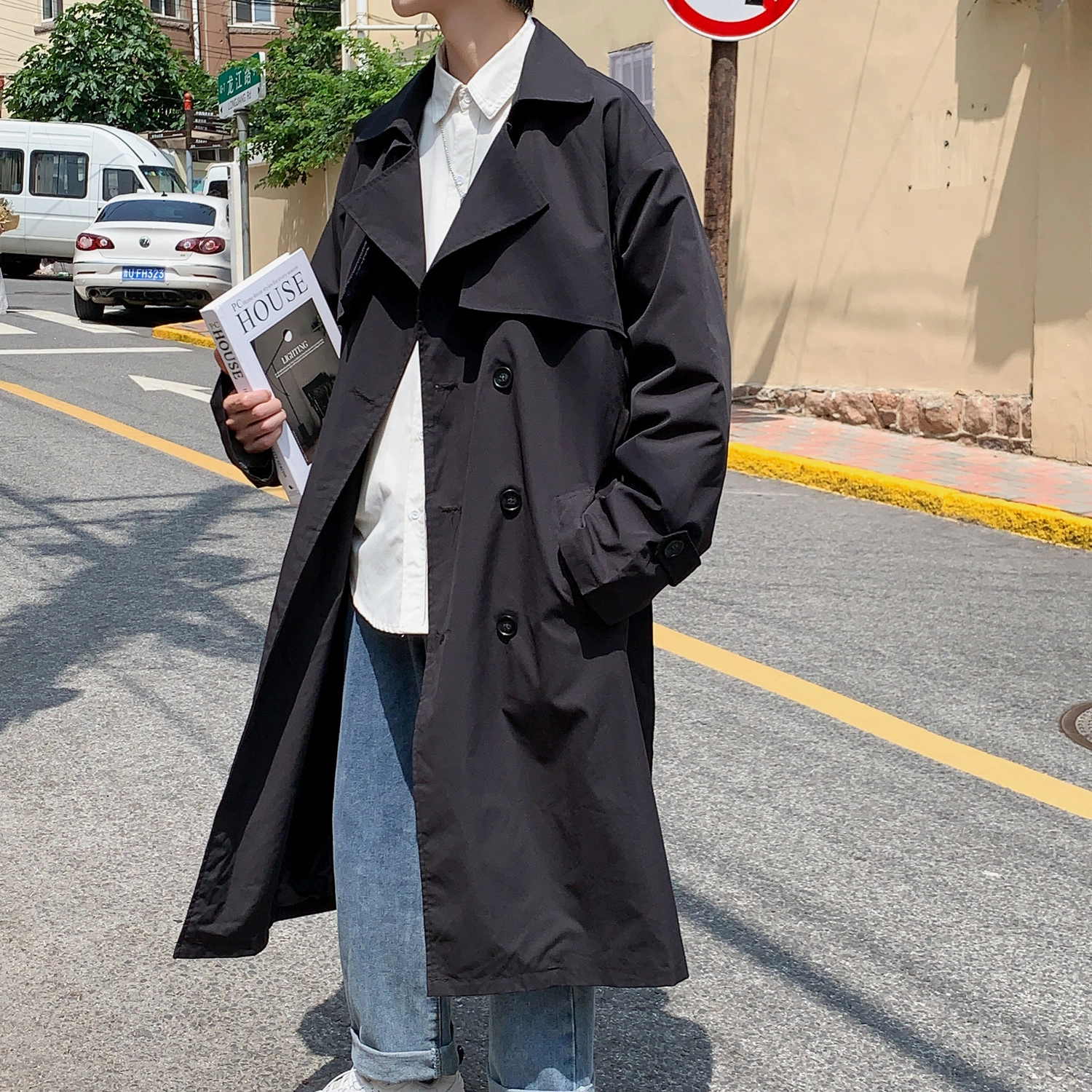 半空山 美式复古休闲时尚黑武士纯色简约设计感日常通行基础款潮流外套风衣 男女同款