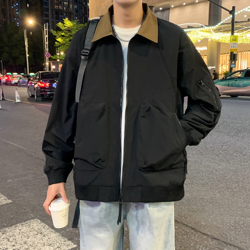 半空山 半空山美式复古高街纯色基础款拼接撞色立领多拉链大口袋小米格面防泼水夹克 男女同款
