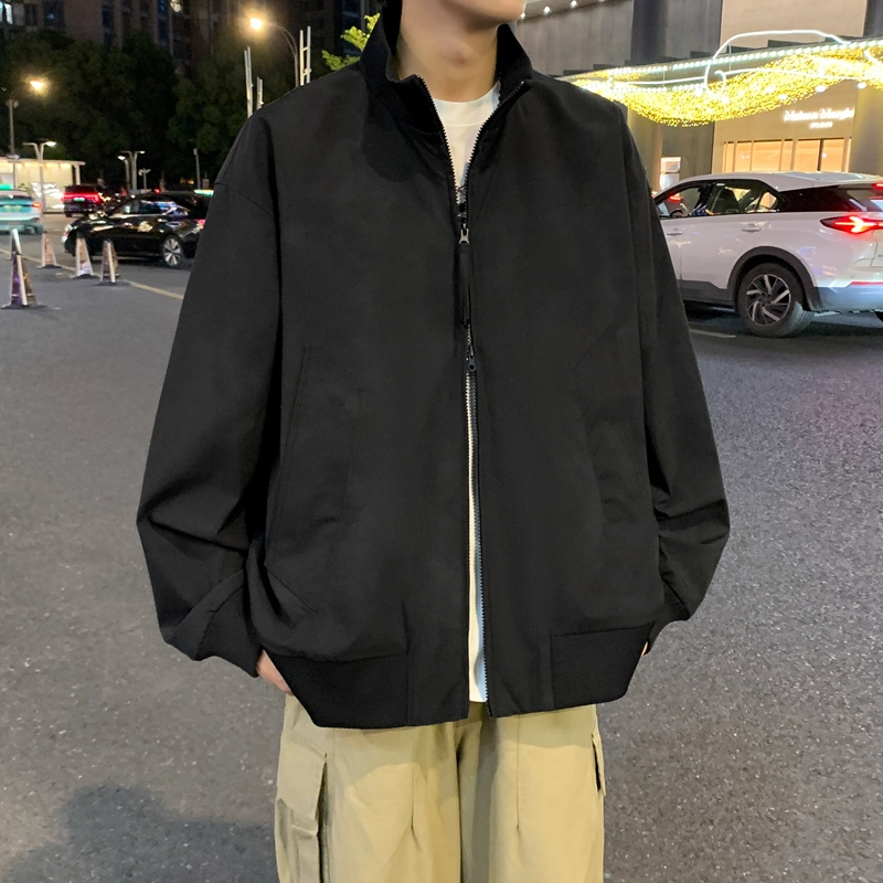 半空山 半空山美式复古高街纯色基础款扎染罗纹拉链双开潮流时尚百搭立领夹克 男女同款