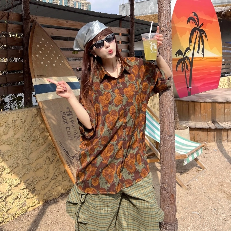 半空山 新中式国潮老花原创古着感花卉复古短袖夏季凉感个性潮牌宽松透气衬衫 男女同款
