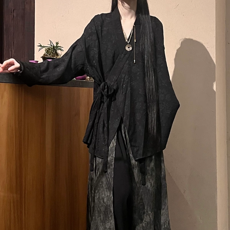半空山 新中式藏式重磅花卉刺绣叠穿扎染长尾宽松轻修道袍绑带长袖衬衫 男女同款