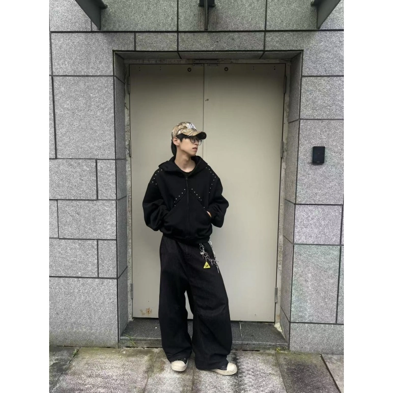 半空山 美式复古高街卡通纯色解构拼接趣味小恶魔铆钉立体装饰杜宾犬连帽设计小众日常通勤潮流时尚百搭宽松舒适开衫卫卫衣 男女同款