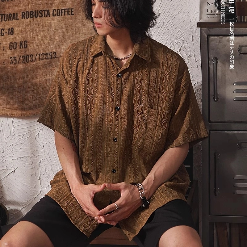半空山 新中式轻奢小众镂空设计感中性风高级感提花设计度假风宽松通气港风休闲短袖衬衫 男女同款