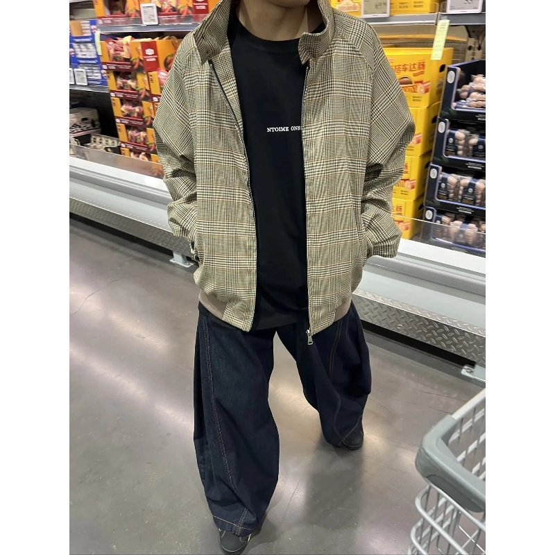 半空山 美式复古立领千鸟格纹哈灵顿潮牌老钱风高级感宽松百搭夹克外套 男女同款