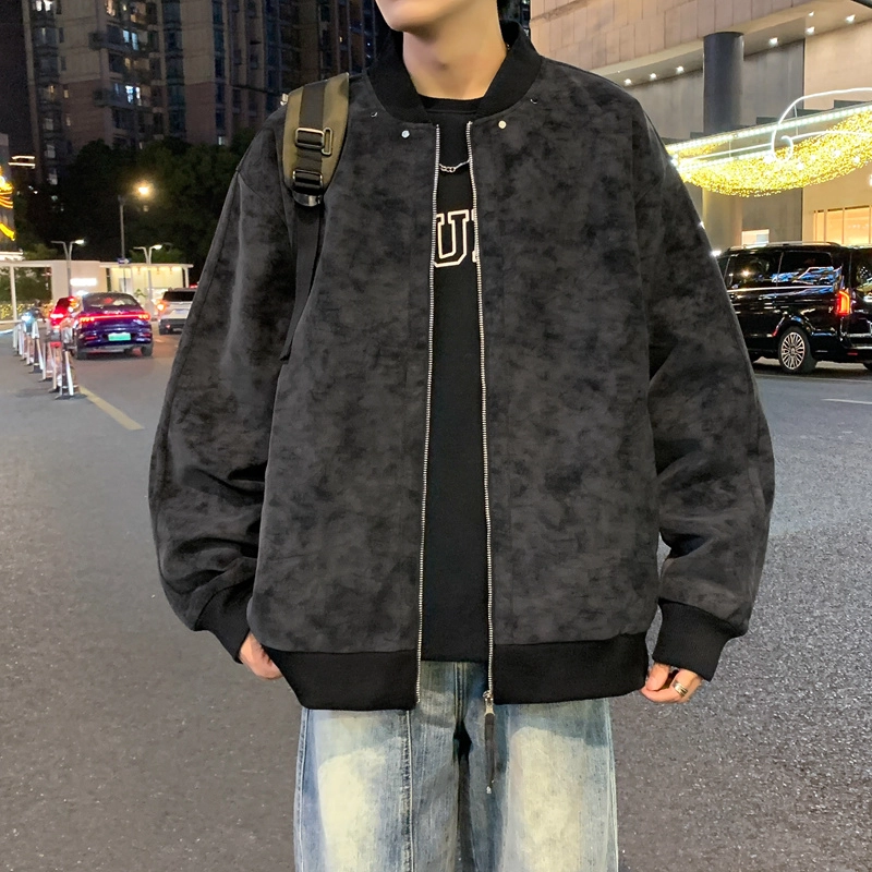 半空山 半空山美式复古高街纯色扎染绒面雾花皮免洗潮流时尚百搭宽松舒适飞行员夹克 男款
