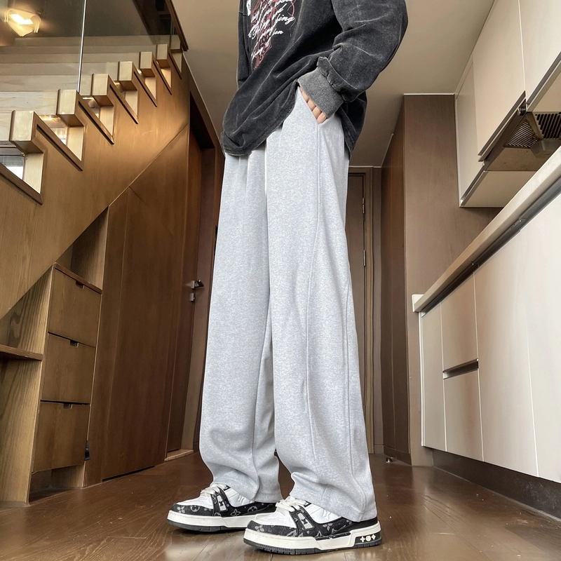 半空山 美式高街复古纯色拼接解构立体线条设计感品牌文字刺绣系带宽松阔腿百搭直筒休闲裤 男女同款