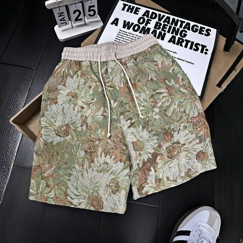 半空山 半空山美式复古高街重工刺绣夏威夷花卉满印显白冰丝时尚百搭潮流休闲短裤 男女同款