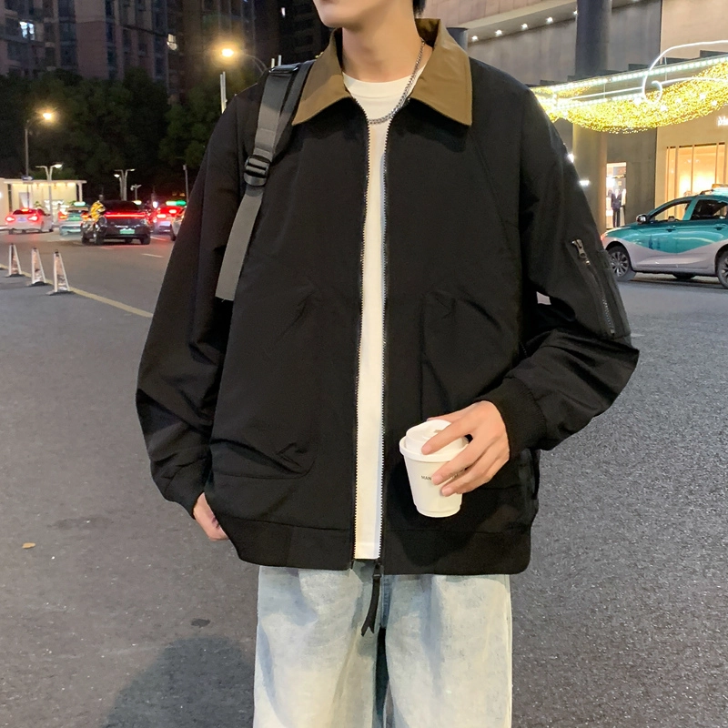 半空山 半空山美式复古高街纯色基础款拼接撞色立领多拉链大口袋小米格面防泼水夹克 男女同款