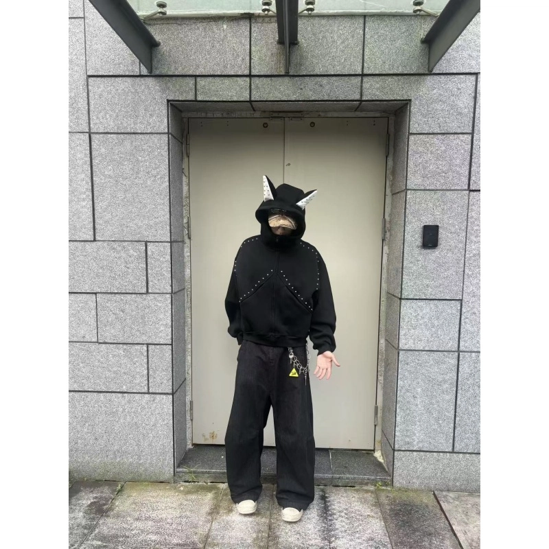 半空山 美式复古高街卡通纯色解构拼接趣味小恶魔铆钉立体装饰杜宾犬连帽设计小众日常通勤潮流时尚百搭宽松舒适开衫卫卫衣 男女同款
