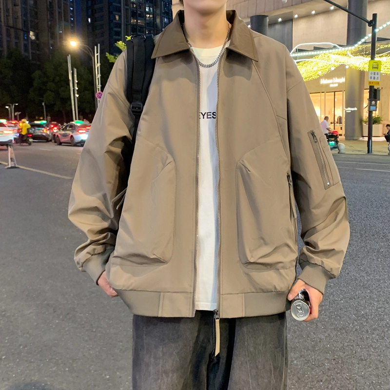 半空山 半空山美式复古高街纯色基础款拼接撞色立领多拉链大口袋小米格面防泼水夹克 男女同款