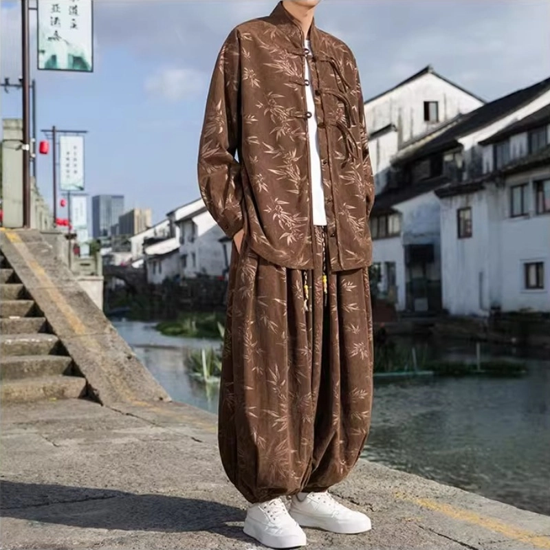 半空山 新中式复古盘扣唐装春秋竹叶提花国潮衬衫 男女同款