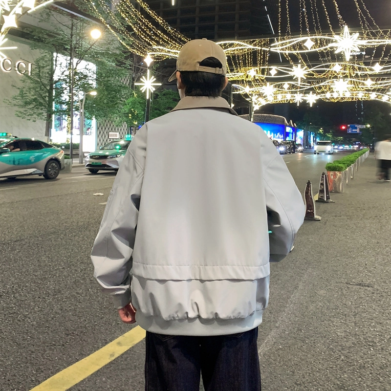 半空山 半空山美式复古高街纯色基础款拼接撞色立领多拉链大口袋小米格面防泼水夹克 男女同款