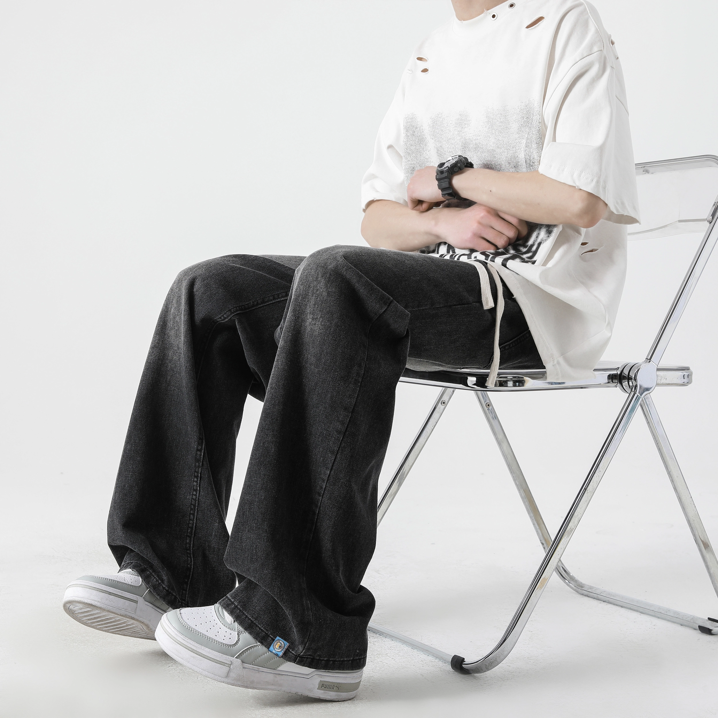 美式高街夏季薄款水洗做旧宽松直筒阔腿百搭休闲裤牛仔裤 男女同款