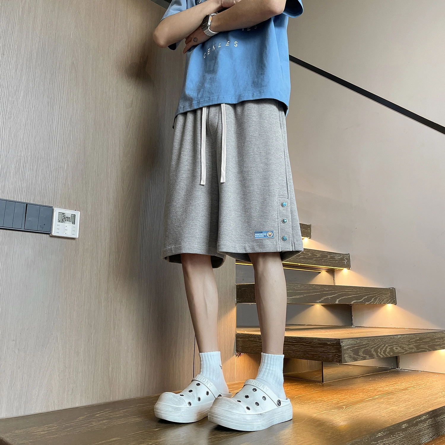 曼城 美式侧排扣宽松直筒五分运动休闲短裤 男女同款