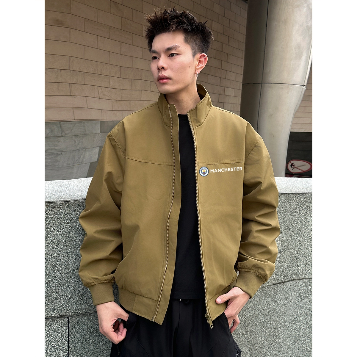 曼城 美式复古立领简约时尚潮流户外运动登山远足纯色拉链上衣商务通勤休闲百搭防水防风潮牌飞行教练风外套夹克 男女同款