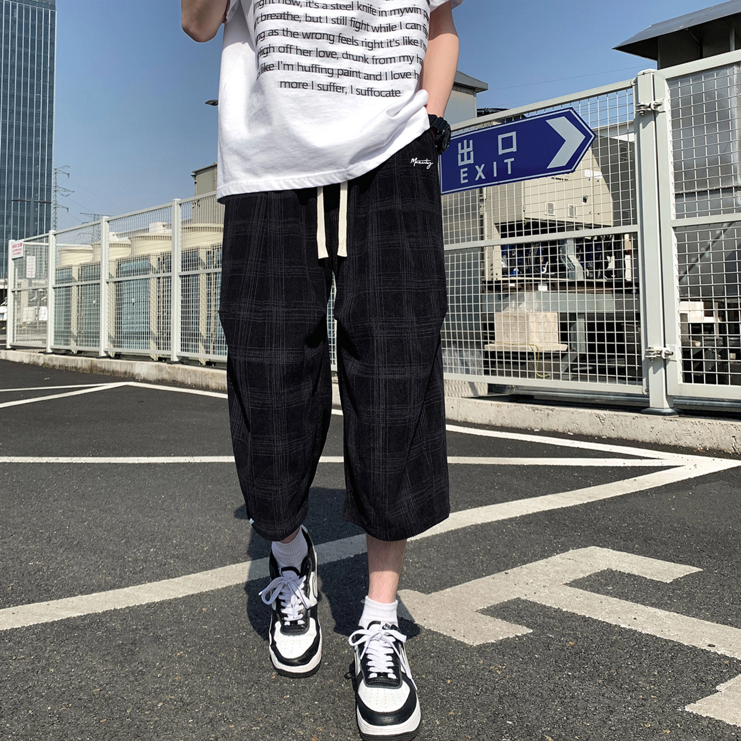 曼城 美式复古学院风格纹纯色透气舒适无性别系七分休闲裤 男女同款