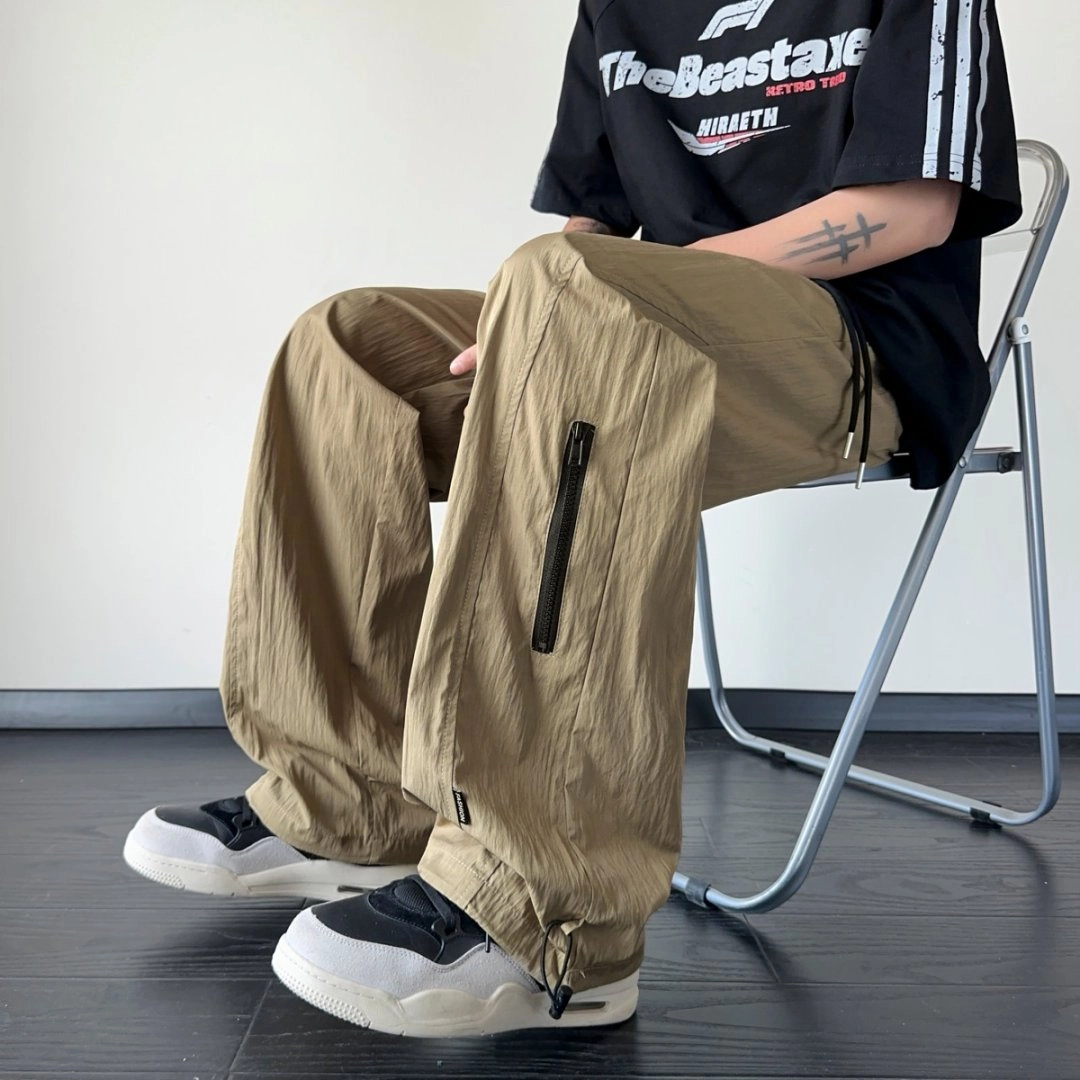 曼城 复古美式冰感速干直筒简约拉链设计质感品牌字母印花凉感舒适透气宽松韩版轻薄时尚百搭垂感日常户外通勤休闲裤 男女同款