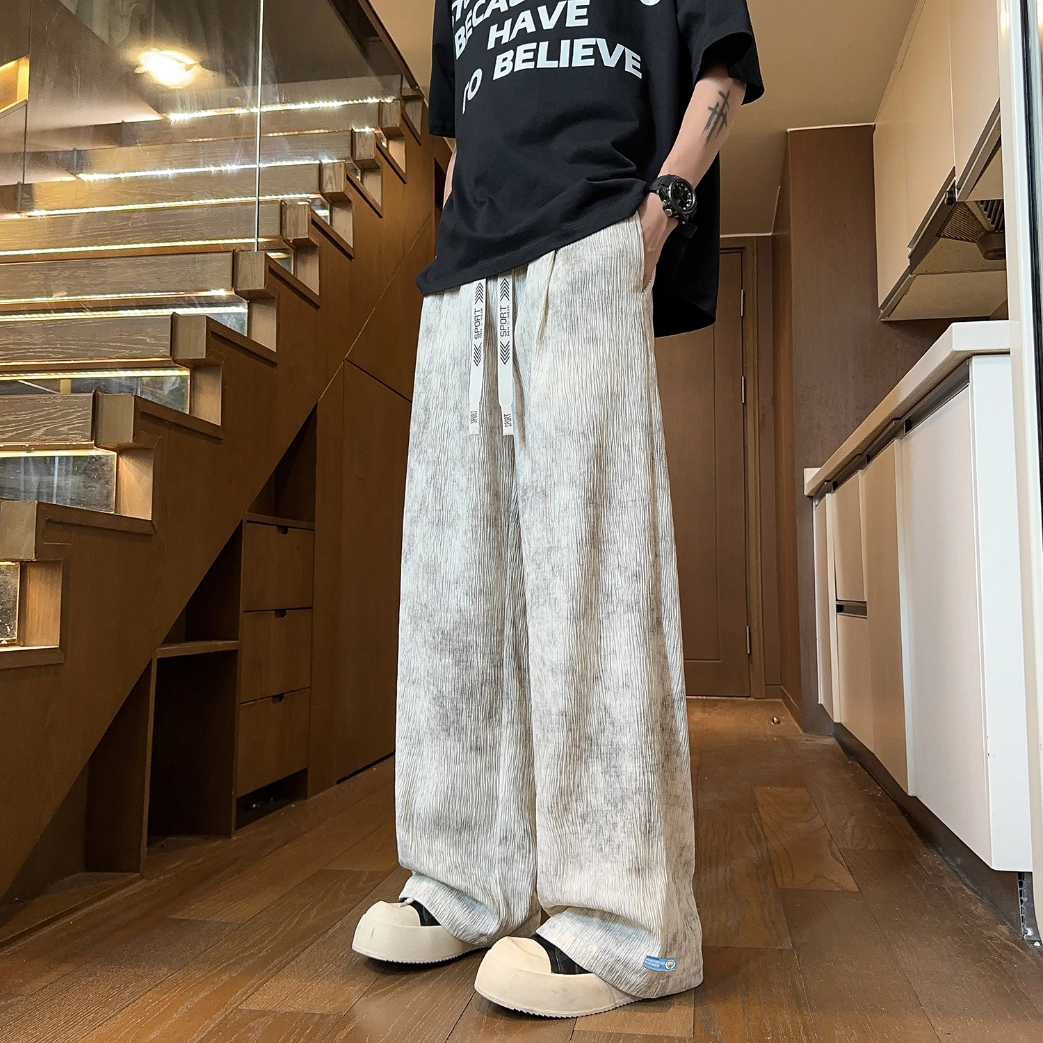 曼城 美式复古垂感冰丝舒适直筒通勤百搭宽松休闲裤 男女同款