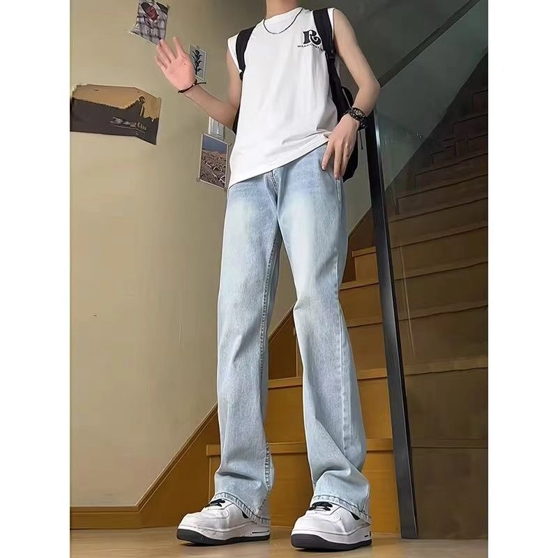 曼城 美式高街复古弯刀美学立体剪裁弹力做旧废土风高级感窄版设计中腰水洗日常通勤时尚潮流百搭宽松舒适直筒微喇牛仔裤 男女同款