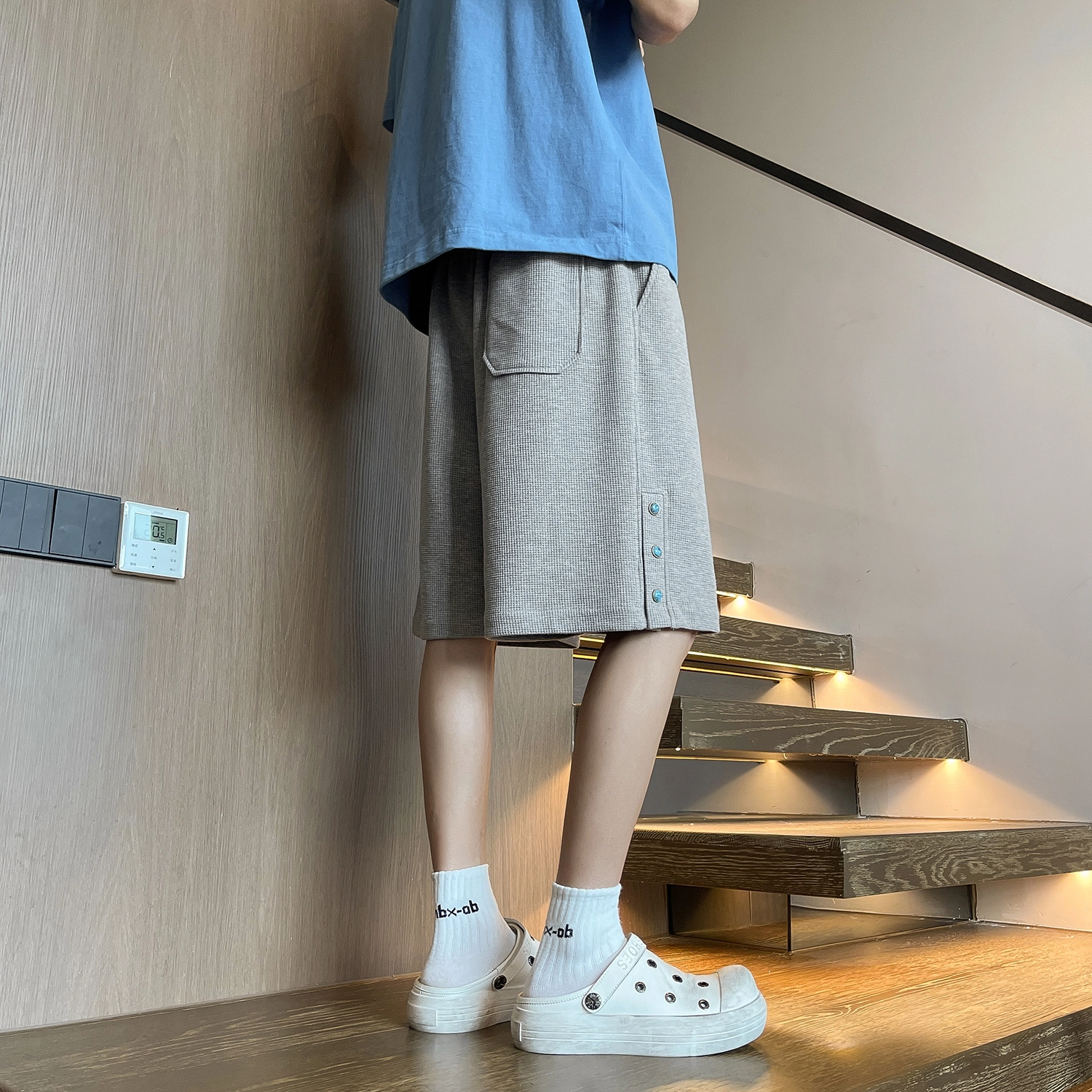 曼城 美式侧排扣宽松直筒五分运动休闲短裤 男女同款