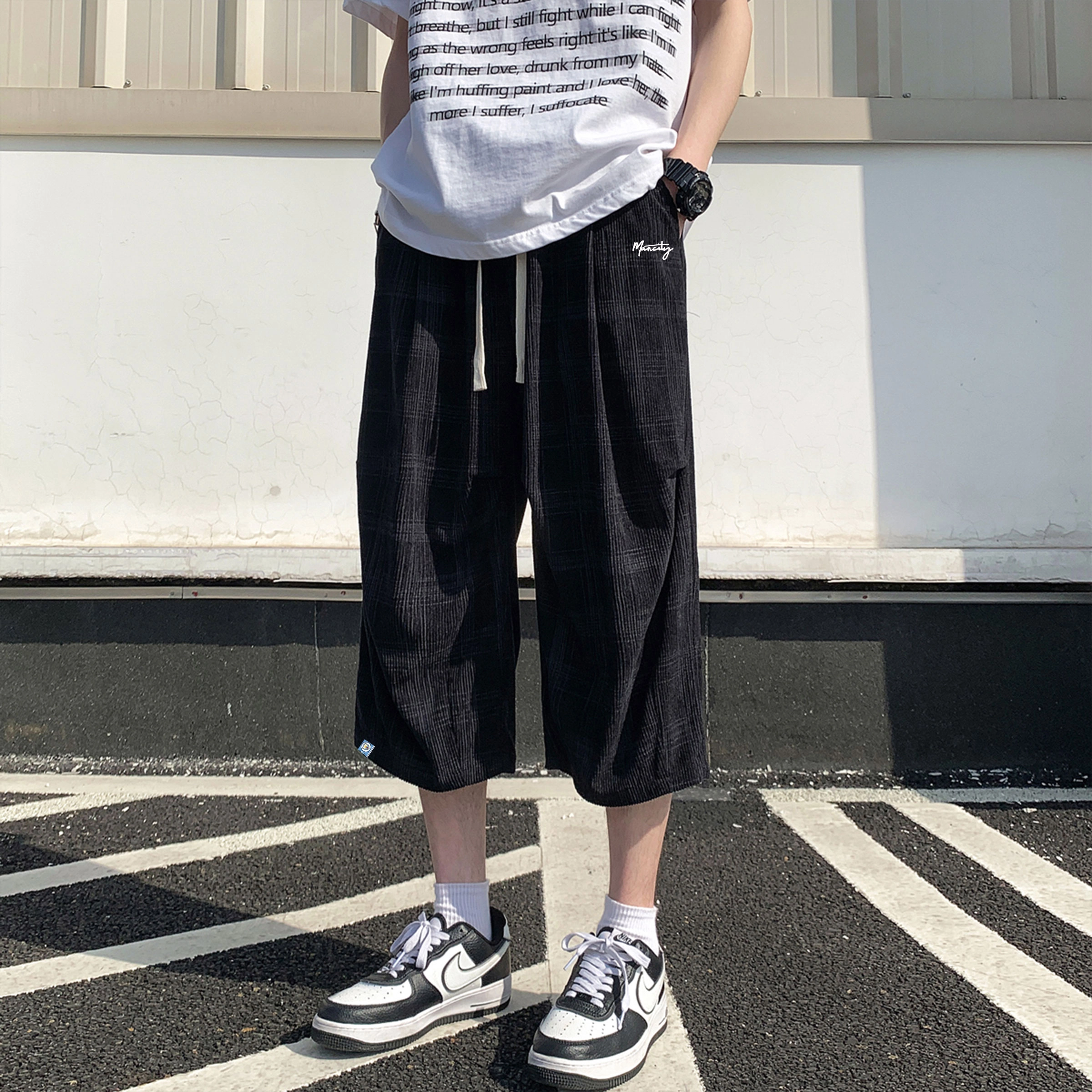 曼城 美式复古学院风格纹纯色透气舒适无性别系七分休闲裤 男女同款