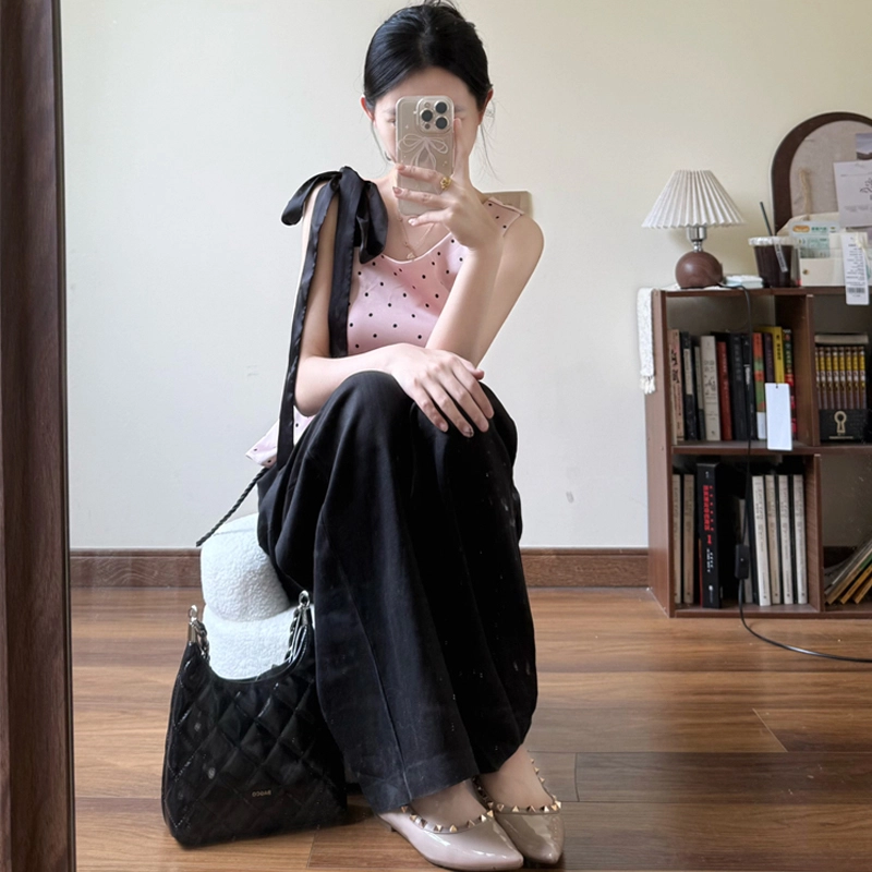 费尔岛上的猫 法式设计感波点蝴蝶结系带拖地裤装休闲套装 女款