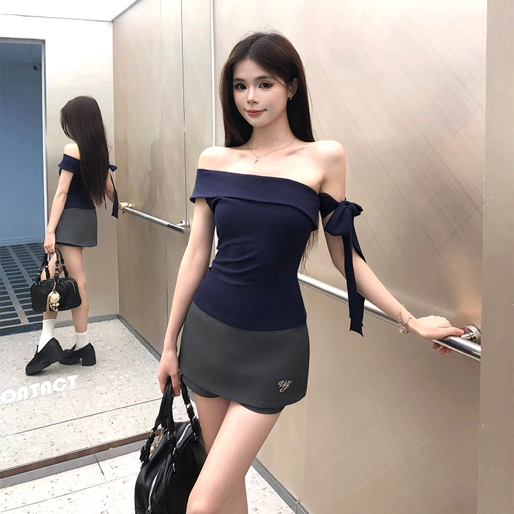 邓大喵 夏季时尚韩系法式一字肩上衣半装 舒适百搭显瘦设计感裙装套装 女款