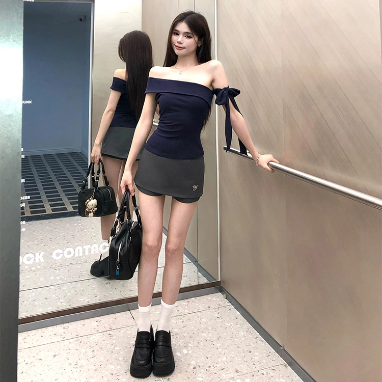 邓大喵 夏季时尚韩系法式一字肩上衣半装 舒适百搭显瘦设计感裙装套装 女款
