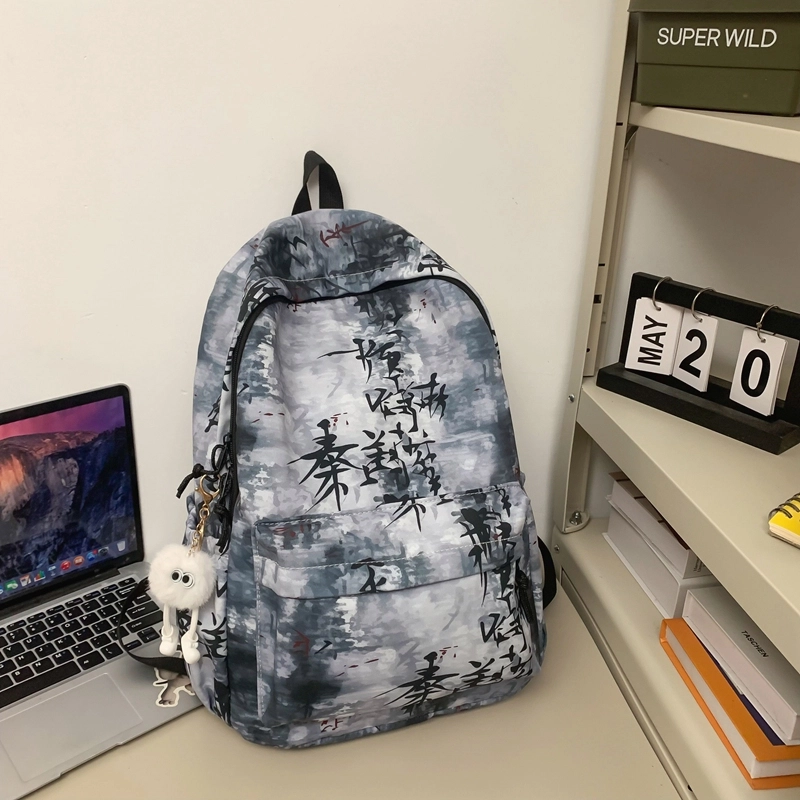 草丛喵喵喵 小众百搭时尚扎染设计大容量简约中国风小清新潮酷休闲日常通勤 尼龙 双肩包 男女同款情侣款 蓝色/白色/黑色/浅灰色