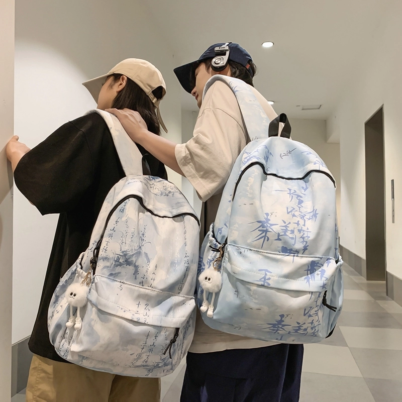 草丛喵喵喵 小众百搭时尚扎染设计大容量简约中国风小清新潮酷休闲日常通勤 尼龙 双肩包 男女同款情侣款 蓝色/白色/黑色/浅灰色
