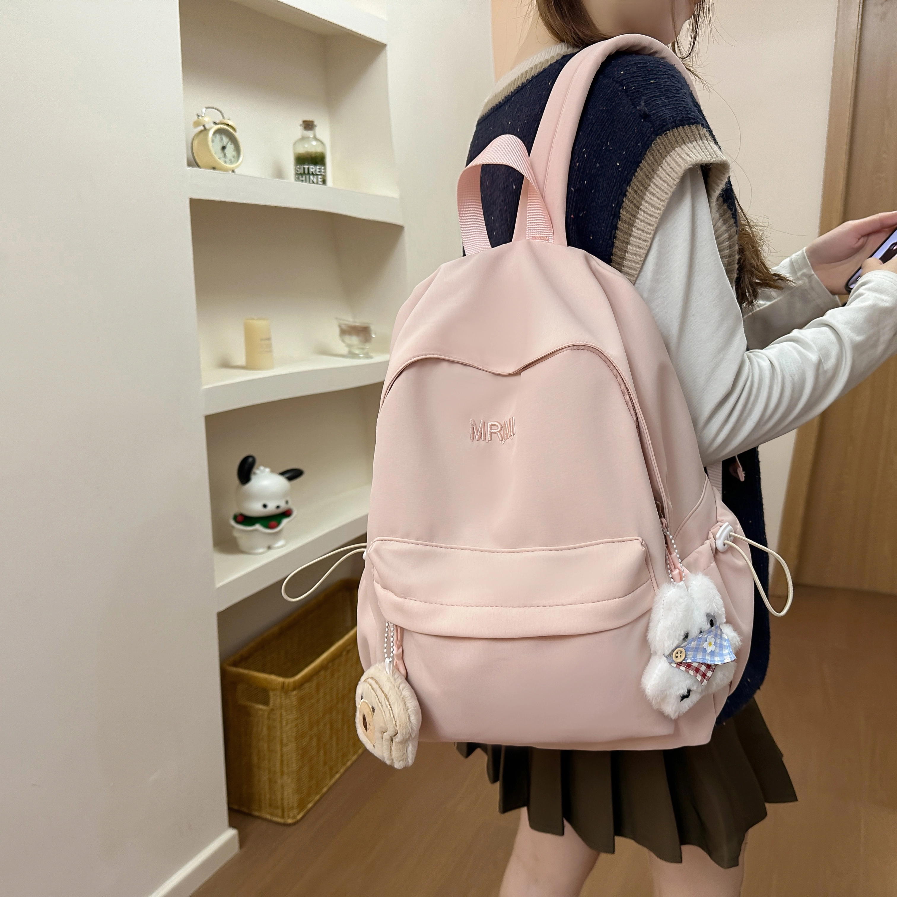 草丛喵喵喵 潮流纯色高颜值简约轻便 尼龙 双肩包 女款 米白色/黑色/粉红色/黄色/浅蓝色
