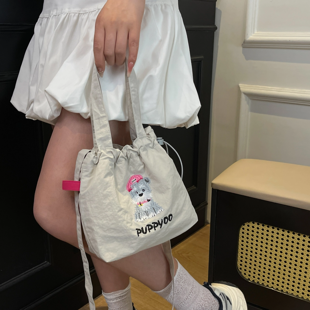 草丛喵喵喵 百搭可爱通勤 尼龙 单肩手提包 常规 女款 圆点黑色/藏蓝色/米白色/灰色/黑色/红色/黄色/蓝色