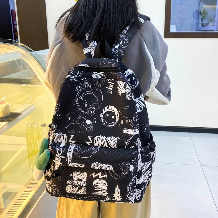 草丛喵喵喵 涂鸦漫画潮酷时尚潮流初高中生出行通勤大容量 尼龙 双肩包 常规 男女同款情侣款 黑配白/白配黑/白配棕/黑配蓝/蓝配白