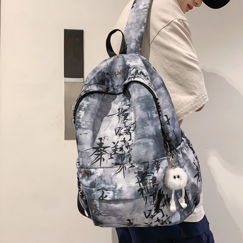 草丛喵喵喵 小众百搭时尚扎染设计大容量简约中国风小清新潮酷休闲日常通勤 尼龙 双肩包 男女同款情侣款 蓝色/白色/黑色/浅灰色