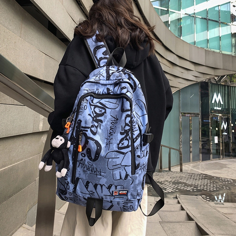 草丛喵喵喵 潮流初中生大学生涂鸦书包 男女情侣同款双肩包 大容量潮酷百搭时尚通勤出行背包尼龙 常规白色/蓝色/灰色/黑色