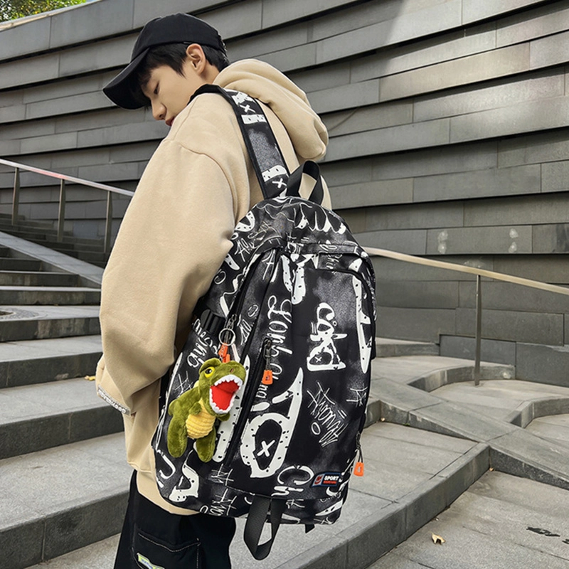 草丛喵喵喵 潮流初中生大学生涂鸦书包 男女情侣同款双肩包 大容量潮酷百搭时尚通勤出行背包尼龙 常规白色/蓝色/灰色/黑色