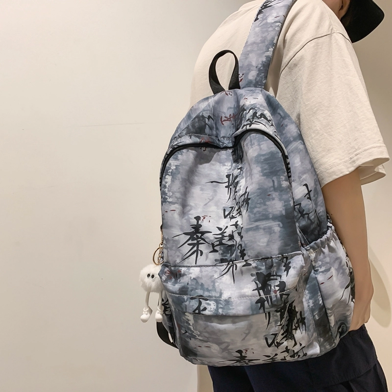 草丛喵喵喵 小众百搭时尚扎染设计大容量简约中国风小清新潮酷休闲日常通勤 尼龙 双肩包 男女同款情侣款 蓝色/白色/黑色/浅灰色