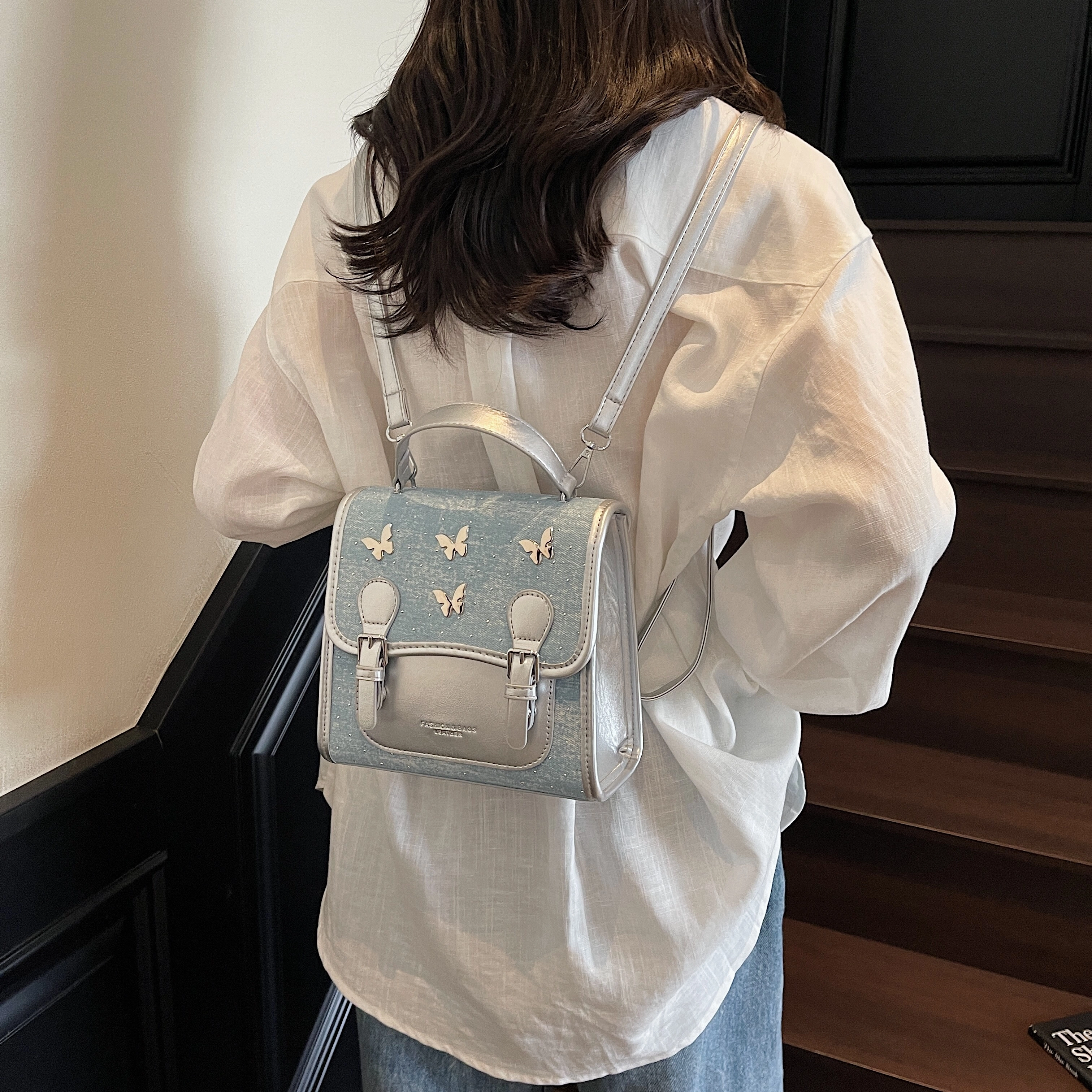 草丛喵喵喵 可爱蝴蝶结高颜值百搭潮流 牛仔布 双肩包 女款 多色