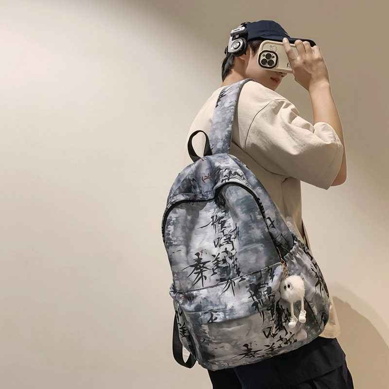 草丛喵喵喵 小众百搭时尚扎染设计大容量简约中国风小清新潮酷休闲日常通勤 尼龙 双肩包 男女同款情侣款 蓝色/白色/黑色/浅灰色