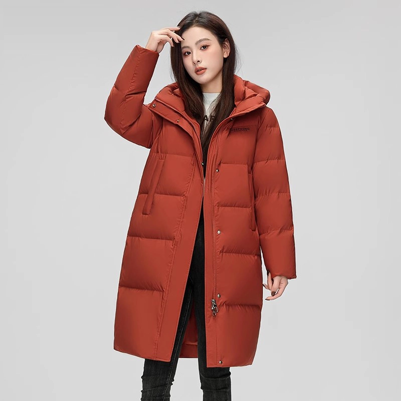 雅鹿 拉链纯色连帽中长款保暖羽绒服 女款