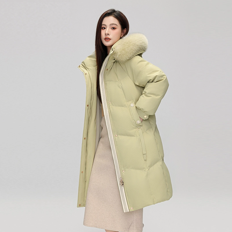 雅鹿 拉链狐狸毛领纯色可脱卸帽长袖羽绒服 女款