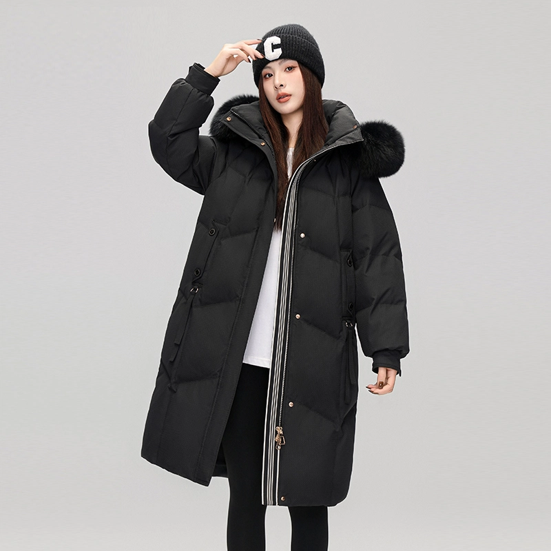 雅鹿 拉链狐狸毛领纯色可脱卸帽长袖羽绒服 女款