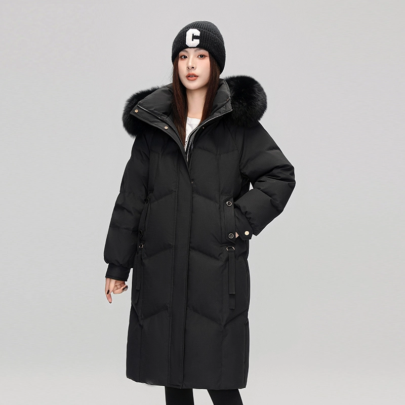 雅鹿 拉链狐狸毛领纯色可脱卸帽长袖羽绒服 女款